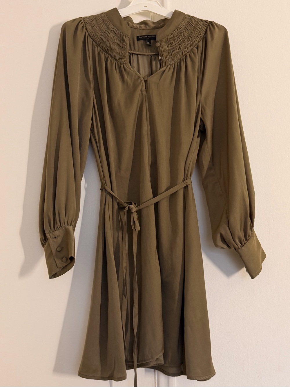Banana Republic Olive Long-Sleeve Smocked Yoke Dress